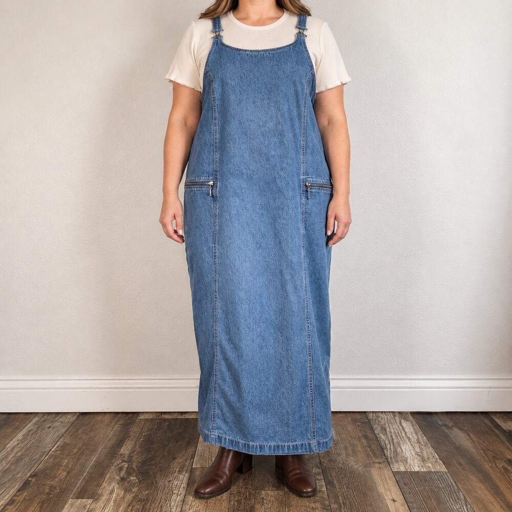 Vintage Denim Overall Maxi Jumper Pinafore Dress Large Cotton Cottagecore Pocket